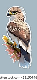 Adorable hawk sitting on the stick, vector sticker sketch illustration