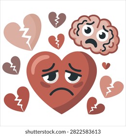 Adorable Heart Breaking Versus Thinking Brain Cartoon Clip Art Element
