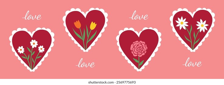 Adorable heart and floral patterns with the word love, ideal for Valentine's Day, Mother's Day, anniversaries, and celebrating love. Vector illustration with pink background.