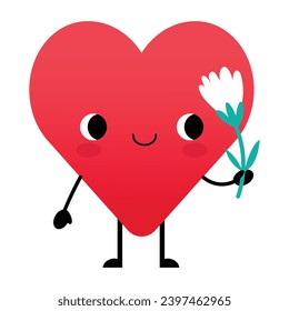 Adorable heart shaped character with a flower in his hand, isolated vector illustration for Valentines day, greeting card in flat design