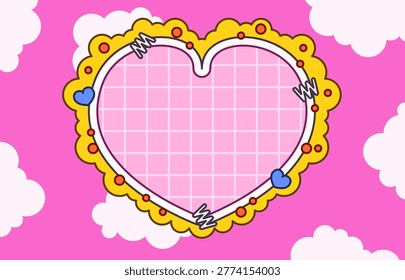 Adorable heart shaped frame with decorative border, small hearts, and soft cloud background. Flat cartoon style perfect for love themes, greeting cards, and cute message templates.
