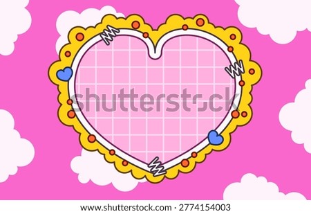 Adorable heart shaped frame with decorative border, small hearts, and soft cloud background. Flat cartoon style perfect for love themes, greeting cards, and cute message templates.