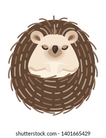 Adorable hedgehog, forest animal. Spiny mammal. Hedgehog lying on the back, curled into a ball. Cute cartoon animal design. Flat vector illustration isolated on white background. Top view.