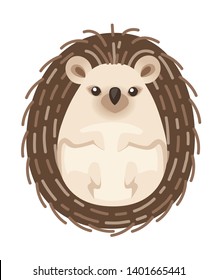 Adorable hedgehog, forest animal. Spiny mammal. Hedgehog lying on the back. Cute cartoon animal design. Flat vector illustration isolated on white background. Top view.