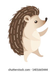 Adorable hedgehog, forest animal. Spiny mammal. Hedgehog stand on two legs. Cute cartoon animal design. Flat vector illustration isolated on white background.