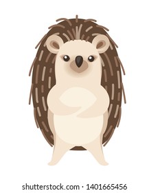 Adorable hedgehog, forest animal. Spiny mammal. Hedgehog stand on two legs with hands crossed. Cute cartoon animal design. Flat vector illustration isolated on white background.