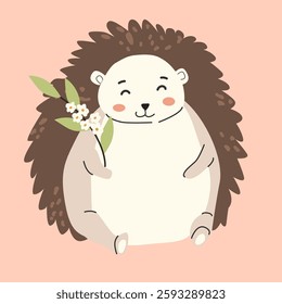 Adorable hedgehog in forest holding flowers on soft pink background.