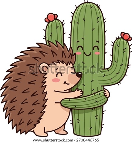 Adorable hedgehog hugging a green cactus with a sweet, humorous expression. Great for cute character art, greeting cards, funny illustrations, and children’s content.