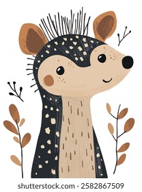 Adorable hedgehog illustration with a patterned body and friendly expression, surrounded by simple botanical branches and leaves