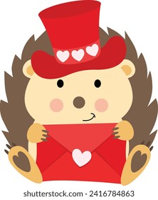 Adorable hedgehog with red hat holding a valentine letter envelope
