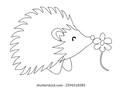 Adorable Hedgehog Sniffing Flower Cute Line Art Drawing
