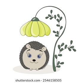 Adorable Hedgehog under the Summer Flower isolated white background. Hedgehog template design. Vector illustration with funny forest animal can used t-shirt print clothes decor. 