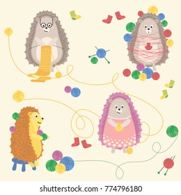 Adorable hedgehogs are knitting, vector illustration
