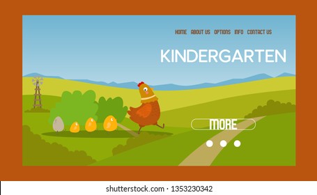 Adorable hen and chicks banner vector illustration. Chicken with brood. Cute lovely family of domestic fowl or poultry birds on meadow. Website design of kindergarten. Farming.