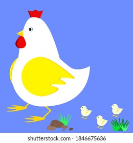 Adorable hen and her three chicken walking on lightly purple background. Flat design illustration. Kids art styles.