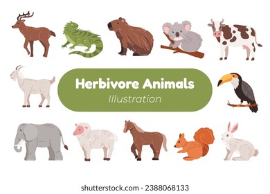 adorable herbivore animal illustration set