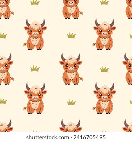 Adorable highland cow seamless pattern. Childish repeat vector illustration with horned shaggy cattle. Baby animal and grass endless background for kids, organic food, farm and dairy products