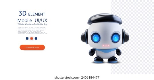 Compañero Adorable de alta tecnología: Robot de ojos azules con una sonrisa amistosa en fondo transparente. Red neuronal Chat Bot, servidores IA y tecnología robótica. 3.ª ilustración vectorial	