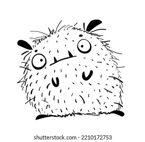 Adorable hilarious fluffy monster for kids, funny cute creature design. Hand drawn black and white outline monster freehand drawing for children coloring book pages. Vector clipart.