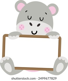 Adorable hippo with a blank signboard
