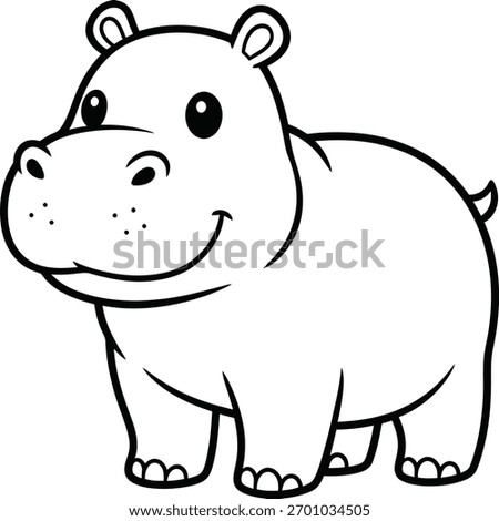 Adorable hippo cartoon in clean black and white outline vector, great for preschool coloring pages, zoo education, and creative kids drawing.
