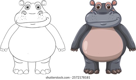 Adorable hippo in color and outline versions