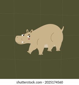 Adorable hippo with funny eyes. Isolated safari animals on a green background. African hippopotamus hand drawn vector illustration. Cute character in flat style.