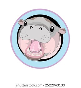 An adorable “Moo Deng” hippo logo design with a happy expression, framed by a pastel circle. Perfect for playful branding or logos aimed at young audiences or animal lovers.