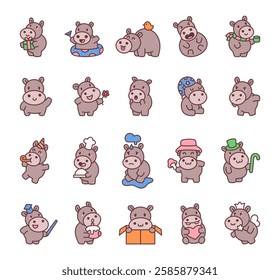 Adorable hippo set cute kawaii cartoon characters in various poses, expressing joy, surprise, love and happiness while celebrating, drinking, cooking and enjoying magical moments