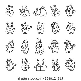 Adorable hippo set cute kawaii cartoon characters in various poses, expressing joy, surprise, love and happiness while celebrating, drinking, cooking and enjoying magical moments