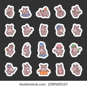 Adorable hippo set cute kawaii cartoon characters in various poses, expressing joy, surprise, love and happiness while celebrating, drinking, cooking and enjoying magical moments