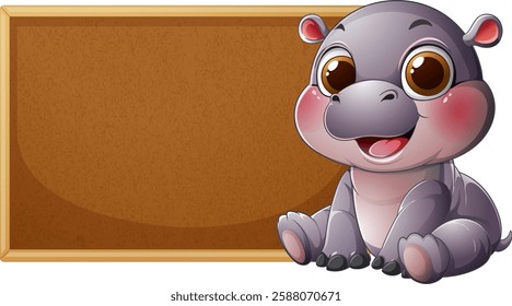 Adorable hippo sitting beside an empty chalkboard