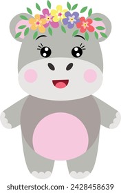 Adorable hippo sitting with wreath floral on head
