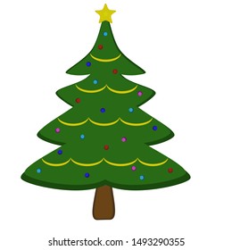 Adorable holiday tree topped with a star. Decorated with garland and colorful ornaments.
