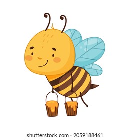 Adorable honey bee carrying full buckets of honey cartoon vector illustration