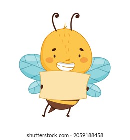 Adorable honey bee holding blank banner cartoon vector illustration