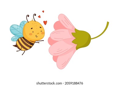 Adorable honey bee with pink flower cartoon vector illustration