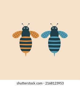 Adorable honey bees hand drawn vector illustration. Isolated funny colorful wasp in flat style for kids logo or icon.