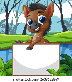 Adorable horse with blank sign in forest setting