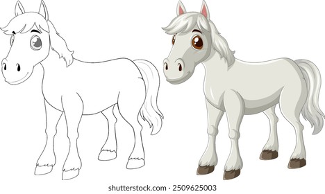 Adorable horse in color and outline versions