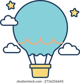 Adorable hot air balloon vector with clouds and stars. Kawaii flat design isolated on white for baby shower invitations, nursery decor, and children stickers.
