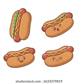 Adorable hot dog characters with cute facial expressions: happy, winking, smiling, and frowning, decorated with mustard and lettuce on a white background.