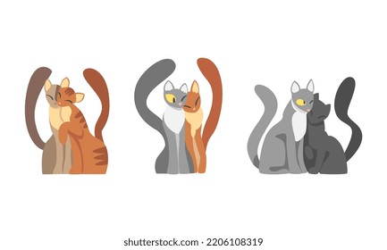 Adorable Hugging Cats Set. Couples Of Cute Pet Cats Cartoon Vector Illustration