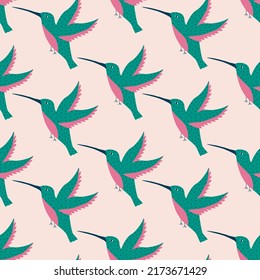 Adorable hummingbirds hand drawn vector illustration. Tiny colorful colibri bird in flat style seamless pattern for fabric or wallpaper.