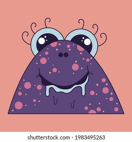 Adorable hungry abstract character in doodle hand drawn style. Vector illustration of a purple monster with a pink dots. . Vector illustration