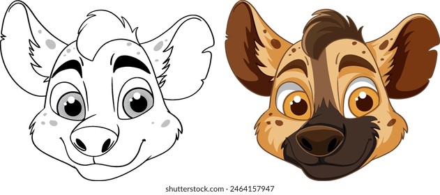 Adorable hyena face in color and outline
