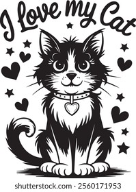 "Adorable 'I Love My Cat' vector illustration featuring a cute and playful design perfect for cat lovers. The artwork showcases charming typography combined with feline-themed elements like whiskers, 