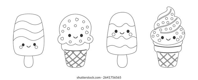 Adorable ice cream and popsicle coloring page with sprinkles, rainbow colors, and cookie cone — great for DIY crafts and educational fun.