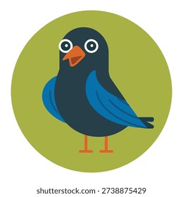 An adorable illustrated bird featuring dark blue feathers, vibrant orange beak and feet, and expressive white eyes, presented within a simple green circle.