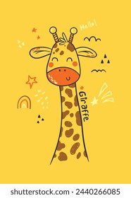 Adorable illustrated giraffe with a greeting, perfect for children's designs on a vibrant yellow backdrop